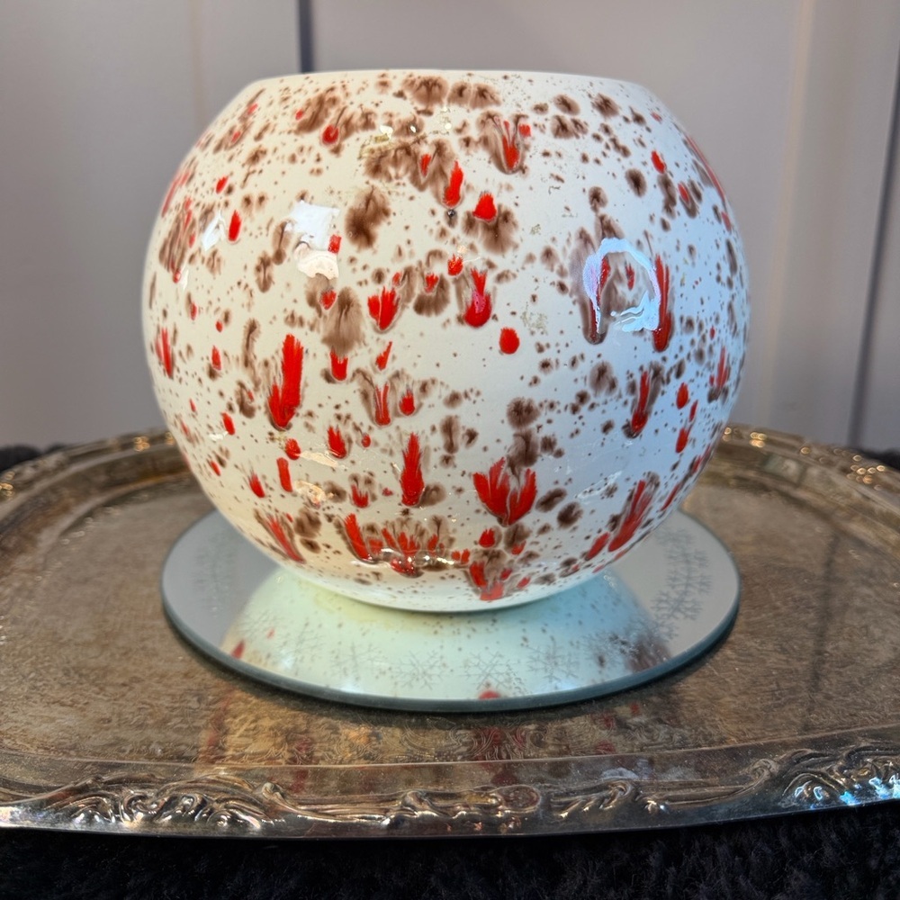 Vintage Handmade Spatter Paint Drip Splatter Lava MCM Red White Vase Jar 9”x7”